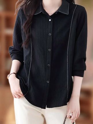 黑色长袖衬衫大码女装2025早秋季新款设计感宽松法式通勤开衫上衣#女装穿搭 #针织衫 #减龄气质 #气质范 #无限回购的宝藏单品