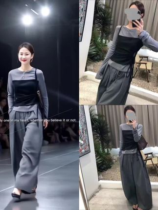 时尚撞色拼接假两件长袖上衣女2025春秋新款系带收腰阔腿裤套装潮#穿出高级感 #简约穿搭 #优雅气质 #抖音小助手dou上热门 #辣妹穿搭