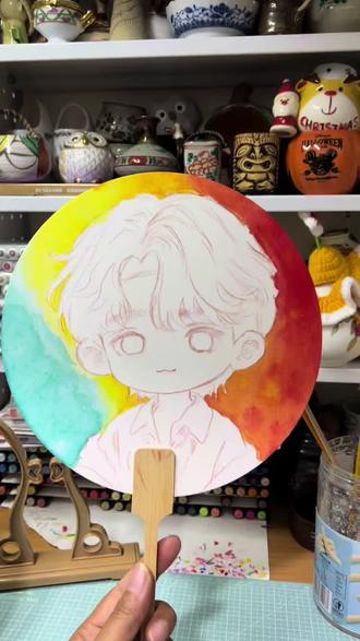 用丙烯颜料画出水彩的效果,用的是熟宣团扇,用水彩纸也可以#绘画教程 #丙烯手绘 #画画 #团扇 #一起画画吧