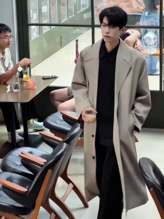 韩系中长款风衣男士秋季高级感英伦风宽松过膝大衣高个子情侣外套#高级感穿搭 #韩系穿搭