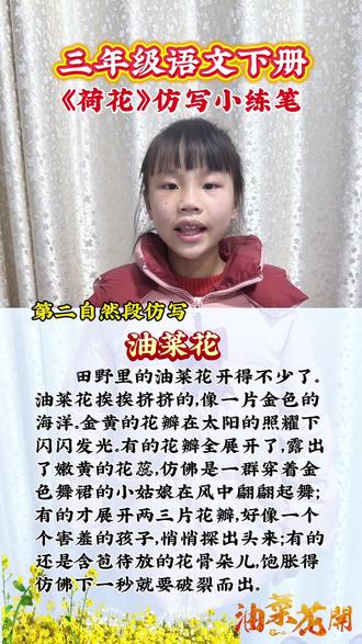 三年级语文下册《荷花》第二自然仿写小练笔,这样仿写出来的油菜花画面感也很美呢
#三年级语文作文 #句子仿写积累 #语文知识分享 #快乐学习快乐成长 #大学是人生的暑假