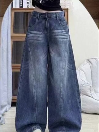 美式复古高街显瘦猫须水洗弯刀牛仔裤女街头宽松廓形设计感裤子潮