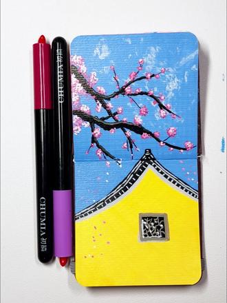 马克笔绘画丨这抹明黄与粉梅,是刻在骨子里的中国风 #绘画教程 #马克笔绘画 #丙烯马克笔 #跟着抖音学画画 #春天的色彩 画笔:初描