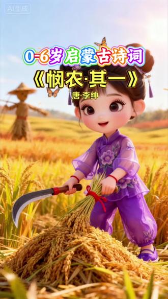 第八十集 📚 🌾 这首古诗,让一粥一饭都值得感恩 《悯农·其一》唐·李绅
春种一粒粟,秋收万颗子。
四海无闲田,农夫犹饿死。#dou上热门 #古诗词 #和抖音一起学古诗 #启蒙早教 #原创动画 @DOU+小助手 @巨量引擎小助手