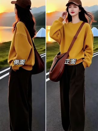 2025春秋新款,黄色套头卫衣与休闲阔腿裤组成的两件套,明快黄色为秋日注入活力,也能融入秋日惬意氛围。卫衣面料柔软亲肤,套头款式简约又百搭,对各种身形都很友好,还能巧妙修饰身材线条;搭配的阔腿裤垂坠感好,能有效修饰腿型,更显高挑,走起路来尽显随性自在。不用烦恼搭配问题,穿上这套,休闲时尚感瞬间拉满,日常通勤、逛街、约会都能轻松驾驭,轻松展现出“自在搭配,气质出彩”的时尚感 。#时尚休闲穿搭 #早秋松弛感穿搭 #被秋日氛围感穿搭拿捏了 #素颜穿搭如何摆脱土气感 #梨形身材穿搭大赏
