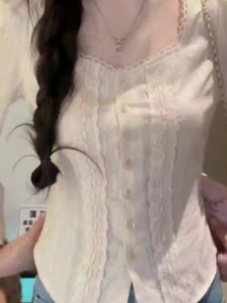 韩国小众设计早秋法式方领蕾丝显瘦长袖衬衫上衣C6258#蕾丝衬衫#早秋搭配 #长袖衬衫#方领上衣 #小众设计感