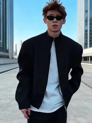 黑色短款垫肩夹克男秋季痞帅立领飞行员外套boxy版型潮牌开衫上衣#男生穿搭 #型男穿搭 #街头穿搭 #奔向户外穿搭要帅 #cleanfit