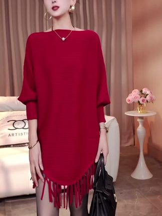 2025秋冬新款时尚休闲洋气横纹设计感蝙蝠袖流苏毛长款长袖针织衫#面料柔软舒适 #高级感穿搭 #谁穿谁漂亮