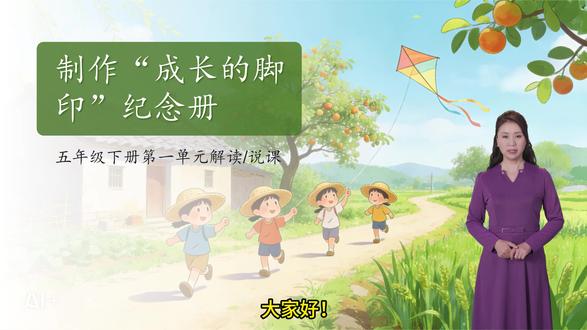 五年级下册第一单元 “制作‘成长的脚印’纪念册” 大单元说课稿
本单元以 “童年往事” 为核心主题,隶属于 “文学阅读与创意表达” 学习任务群,通过整合阅读、口语交际、习作、综合性学习等多种语文实践活动,引导学生在品味他人童年故事的同时,关注自身成长历程,最终完成专属的成长纪念册。下面,我将从单元教材解读、学情分析、单元教学目标及重难点、教学方法、教学活动设计、学习评价、单元教学建议七个方面展开说课#大单元说课#教材解读#单元解读#五年级语文#任务群