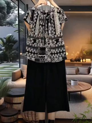 新款大码女装时尚洋气美背复古显瘦上衣十阔腿裤两件套套装#服饰穿搭