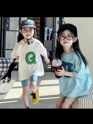 儿童短袖t恤套装2025夏款女童宽松休闲上衣洋气字母趣味T骑行裤子#儿童衣服#短袖#套装#儿童套装#夏季新款