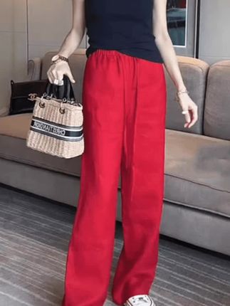 红色亚麻休闲裤女夏季薄款胖mm高腰宽松显瘦时尚百搭拖地阔腿裤子 #爆款热卖中 #时尚休闲裤#质量可靠