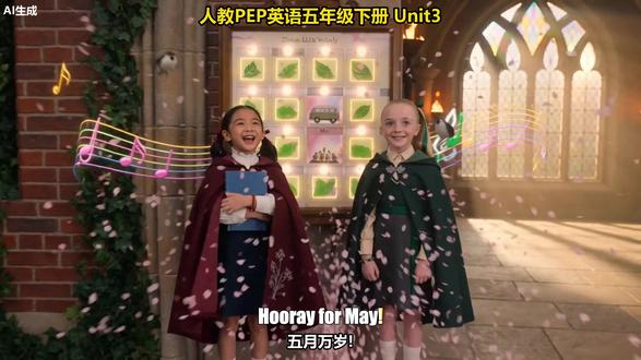 魔法书敲一下挂历五月就活了 🌸 人教版PEP英语五年级下册 Unit 3 📘 Chen Jie抱着蓝色魔法书走到挂历前**用魔法书在挂历金边上轻敲一下整个挂历金光亮起像被唤醒**月份格子"叮叮叮"亮一遍才停在MayWhen is the school trip this year? / It's in May.🚌 May格子里浮出迷你魔法春游小巴绕Chen Jie头顶飞**车窗里几只小麻雀挥小翅膀跟她打招呼**🐦🎼 Chen Jie追问瞬间头顶飘出一个金色高音谱号像漫画暗示Is the singing contest in May, too? / Yes.🎤 **音符问号化作三颗音符弹起来变成三个迷你金色麦克风**小麻雀合唱团站成一排齐唱**最矮那只忍不住跳起来唱更高其他麻雀转头看它它害羞低头继续唱**🥹🎉 Chen Jie跳起来怀里蓝书飞起转一圈又自己飞回怀里Hooray for May!🌸 漫天樱花瓣+金色音符全屏**几片樱花瓣停在两个女孩眉梢上她们眨眼樱花瓣才飞走**🐦 两只小麻雀落在两人肩膀✨ 12个月份格子集体亮起金光
#人教版小学英语 #AI情景演绎 #英语启蒙 #小学英语 #AI教学