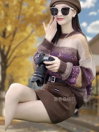 洋气减龄慵懒风彩虹条纹软糯套头毛衣女秋冬新款宽松针织长袖上衣#慵懒风穿搭 #针织毛衣 #时尚洋气百搭 #无限回购的宝藏单品