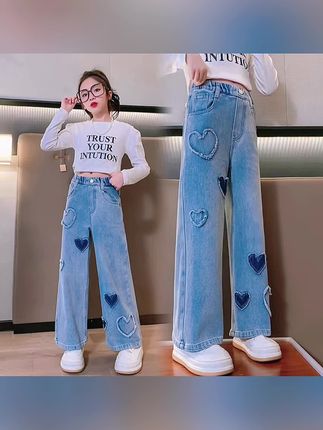 女童2025春秋洋气阔腿裤宽松中大童直筒裤儿童宝宝牛仔裤时髦百搭