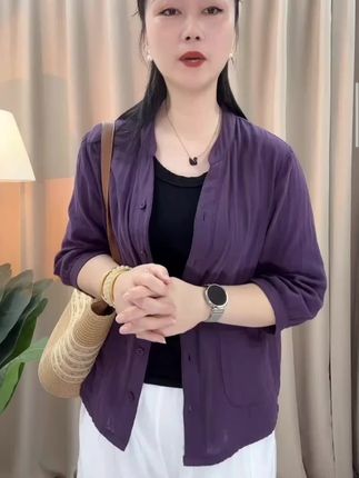 2025夏季新款棉纱开衫休闲时尚宽松女士妈妈装上衣@DOU+小助手