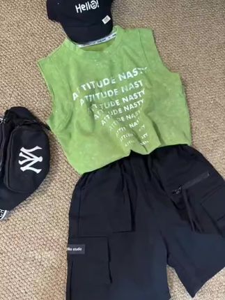 夏季男童帅气时髦韩系休闲运动潮酷儿童宝宝夏日背心短裤两件套装#潮童必备 #男童穿搭 #男童套装 #出游穿搭 #酷男孩