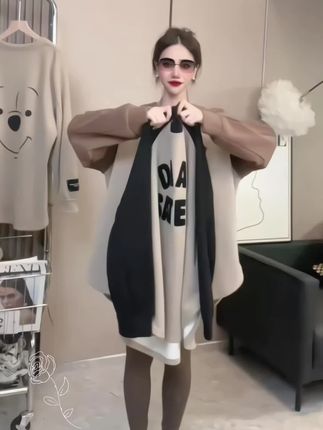 新款秋冬磨毛中长款t恤女长袖上衣加厚保暖下摆圆弧百搭遮臀#韩系穿搭 #小个子显高显瘦穿搭 #休闲穿搭