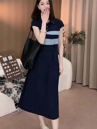 【撞色拼接收腰显瘦POLO领连衣裙2025夏新款设计感复古连衣裙】#面料柔软舒适#洋气减龄#时尚百搭#收腰显瘦