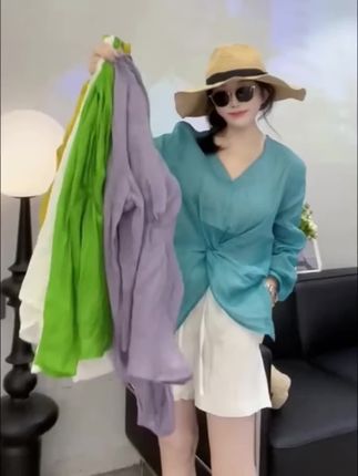 2025夏薄款大码女装宽松V领纯色上衣长袖显瘦交叉系结防晒衬衫@巨量千川