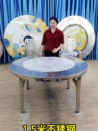 不锈钢内置转盘彩图餐桌#好物推荐🔥 #内置转盘圆桌 #免安装折叠桌 #内置转盘餐桌 #带转盘圆餐桌