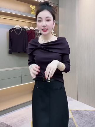 【韩紫朵 】2025早秋款网红款炸街洋气方领长袖上衣86803#长袖t恤 #方领t恤 #上衣穿搭 #洋气减龄 #早秋穿搭
