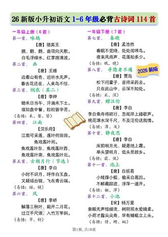 别再乱找了!1-6年级必背的114首古诗,都在这里了!
孩子背古诗总忘?考试默写总错?
这套资料直接帮你搞定:
按年级分类,原文+易错字标注,还有配套默写练习,
每天10分钟,吃透一首,语文基础稳了!
#小升初语文#六下语文#期末复习 #期末冲刺#小升初必备