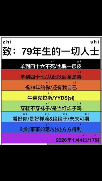 属羊的人的押韵广告,免费制造;您想不想要?我不收你的钞票!⋯ 致:79年生的一切人士!羊到四十六不死/也脱一层皮、羊到四十七/从此以后全是喜,祝79年的你/还有我自己;牛逼克拉斯/YYDS(si)。穿鞋不穿袜子/是当红炸子鸡- -抖音扛把子/主播一面旗|看好你/是好样滴&绝绝子/未来可期&时时事事如意/处处方方得利、今年我就47岁啦!!明年俺就到了48/后年咱貌美如花,走到哪都是企业家/别人赚钱您来花;兴旺发达发发发/祝你天天笑哈哈。……#新年祝福 #79年的羊 #牛逼克拉斯 #押韵 #广告设计制作 @背篼哥(金普盛)户外 @压韵谐音张佬师