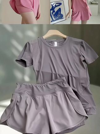 夏季速干跑步运动套装女宽松晨跑服瑜伽服健身服短袖短裤两件套#速干运动套装 #健身跑步运动套装 #时尚休闲多款可选