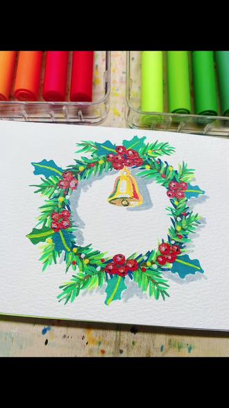 丙烯马克笔画圣诞花环#跟着抖音学画画 #画画过程 #画画其实很简单 #丙烯马克笔 #手绘过程