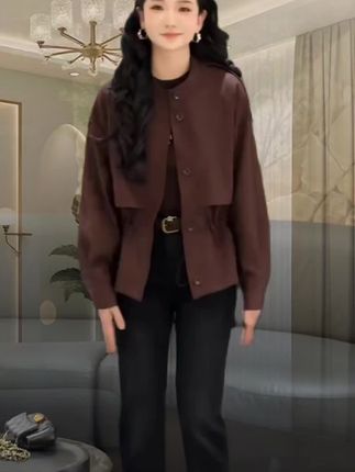 早秋时尚风英伦风夹克短外套早秋高级感百搭休闲小立领宽松小外套