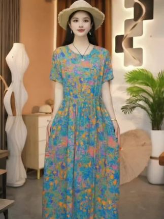 银杏叶妈妈装中长款棉绸裙子夏季新款时尚短袖系带大码连衣裙