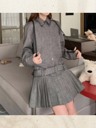 #秋季穿搭 衬衫裙通勤高腰褶皱中腰连衣裙针织时尚翻领宽松春秋显瘦长袖韩版 #女装 #女生穿搭 #衬衫裙 #女裙