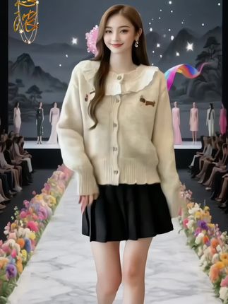 蕾丝娃娃领正肩毛衣外套女春宽松小个子腊肠狗爱心扣针织开衫#谁穿谁漂亮 #减龄显瘦穿搭 #这也太好看了 #通勤穿搭万能配色公式#针织毛衣