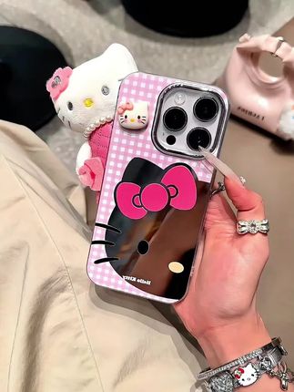 粉白格纹KT镜面适用苹果16/13手机壳华为vivo小米15oppo女#可爱到爆炸💥 #少女心爆棚 #手机壳