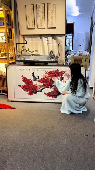 手绘《喜上眉梢》,四尺横幅梅花挂画 #手绘#国画#家居挂画#文玩探宝#书画