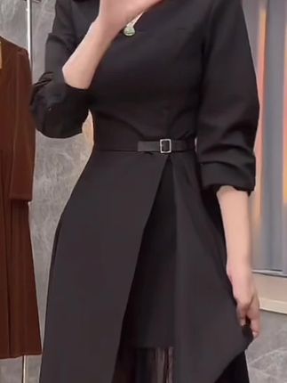 A626 2025秋季新款时尚气质蕾丝拼接衬衫领黑色长袖连衣裙女#穿出高级感 #高级感穿搭 #每日穿搭每日 #穿搭穿搭 #每日推荐
