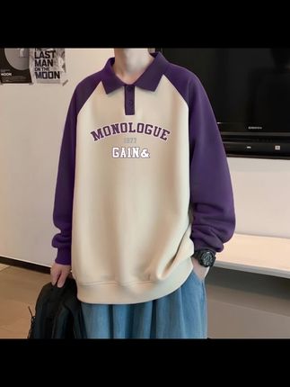 秋季新款美式拼色polo衫翻领卫衣男生长袖打底衫#穿搭 #宽松版型 #男生穿搭 #卫衣穿搭 #卫衣