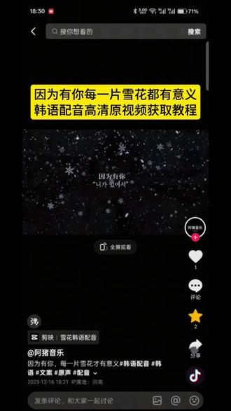 因为有你每一片雪花都有意义韩语配音高清原视频获取教程,因为有你雪花背景图,因为有你配音教程,每一片雪花都有意义教程#韩语配音 #剪映 #韩语 #原声 #配音 韩语氛围感语录 韩语文案 韩语配音素材 下雪背景图 雪花壁纸 因为有你原声 因为有你原声素材