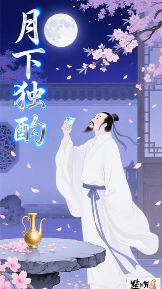 #古诗配画 #唐诗宋词 #月下独酌李白
间一壶酒,独酌无相亲。
举杯邀明月,对影成三人。
月既不解饮,影徒随我身。
暂伴月将影,行乐须及春。
我歌月徘徊,我舞影零乱。
醒时同交欢,醉后各分散。
永结无情游,相期邈云汉。