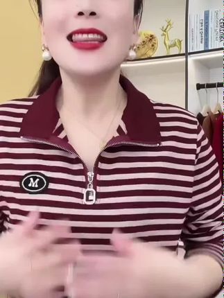 秋款时尚休闲条纹拉链领长袖遮肉大码透气t恤女#秋季新款 #好看#休闲