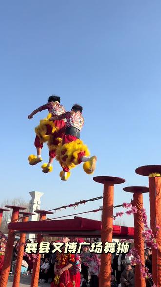 先试一遍,都是年轻有朝气的少年郎#庙会 #狮子爬天桥 #舞狮 #梅花桩舞狮