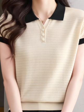 翻领短袖纯色洋气宽松休闲针织T恤夏季简约套头百搭时尚#纯色短袖polo衫 #百搭上衣 #时尚减龄穿搭 #通勤搭配 #减龄气质