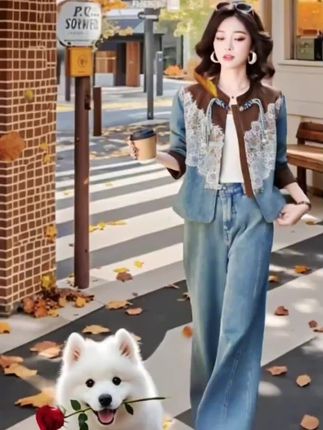 通勤风休闲风新中式时尚两件套装2025秋季女民族风阔腿裤上衣牛仔#牛仔裤搭配 #出游穿搭 #牛仔套装穿搭 #时尚牛仔套装 #春秋穿搭