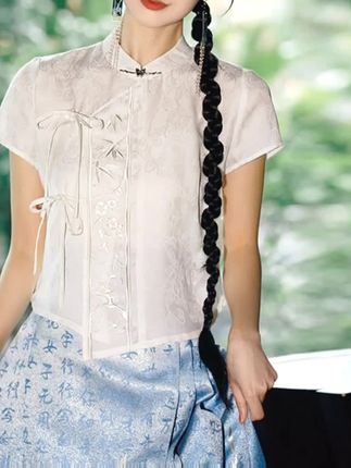 重回汉唐 花笺 原创正品汉服国风新中式日常夏季上衣女款#汉服短袖上衣 #新中式短袖衬衫 #立领系带衬衫 #汉服国风上衣 #爆款热卖中