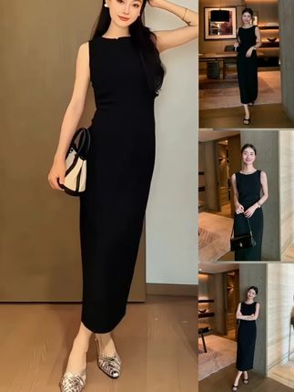 高定黑色无袖褶皱收腰连衣裙女2025夏季新款法式圆领中长款裙子#无袖连衣裙 #收腰连衣裙显瘦修身 #法式连衣裙穿搭