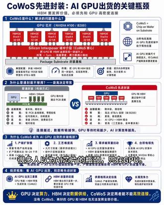 很多人以为AI芯片只要GPU够强就行。
但真正的AI GPU,难点不只是把芯片做出来,
还要把GPU和HBM高速连起来。
这个环节,就是先进封装。
CoWoS的作用,就是让GPU和HBM距离更近、带宽更高、延迟更低。
没有它,HBM喂数据喂不快,GPU就跑不满。
所以AI芯片竞争,不只是算力竞争,
也是封装能力、供应链能力和系统工程能力的竞争。
一句话:
GPU决定能不能算,HBM决定能不能喂,CoWoS决定它们能不能高效配合。#AI科普 #人工智能 #CoWoS #存储 #HBM