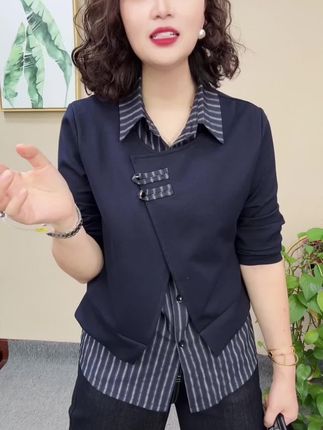 气质翻领女装时尚套装假两件早秋休闲风拼接显瘦洋气长袖#6568