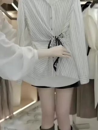 法式chic风长袖丝巾绑带收腰显瘦衬衫女秋季条纹高级感V领上衣#高级感穿搭 #秋冬穿搭 #@DOU+小助手 @DOU+好生意