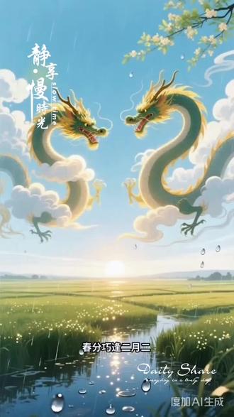 春分喜逢龙抬头
春分巧逢二月二,龙抬头时。东风匀昼夜,也匀来一身新雨。柳条初绽嫩黄,轻软地拂过水面,惊起圈圈涟漪。远山含黛,偶闻春雷隐隐,恰似龙吟初醒。田家趁墒翻土,锄头起落间,犁开一年的好光景。燕子穿檐,衔来春泥与青草的气息。万物都从酣眠里醒来,把积蓄一冬的力气,都化作了破土而出的声响。
